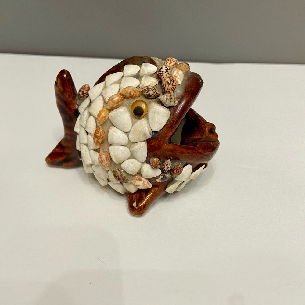 FOLK ART Wide Mouthed Shell Covered Whale Fish Ceramic Ashtray Boho Hippie Artsy